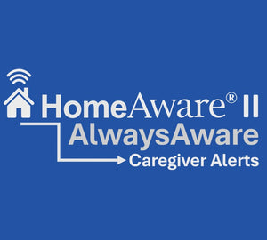 HomeAware II AlwaysAware Caregiver Alerts logo in white text and icon on a solid blue background.