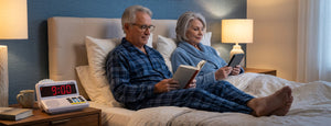 An older couple relaxes in bed reading books in a warmly lit bedroom. The man wears blue plaid pajamas, and the woman wears a light blue top.