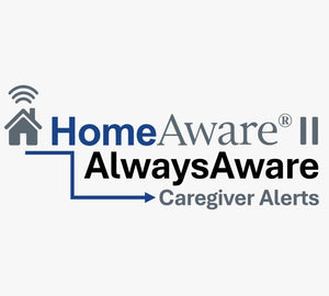 HomeAware II AlwaysAware Caregiver Alerts logo on a light gray background, featuring a home icon with a wireless signal and blue and dark gray text.