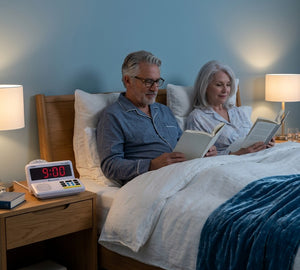 An older couple sits in bed reading books at night, with bedside lamps, a digital alarm clock, and bedding visible in a softly lit bedroom.