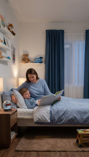 A woman sits on a bed reading a book to a young child in a cozy bedroom with blue curtains, white walls, and a bedside alarm clock.