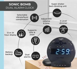 A black clock sits on a wood table with a blue digital display. The features for the clock fan out around it.