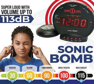 Sonic Alert Sonic Bomb alarm device shown with a person covering their ears, promotional text, and a dB noise-level chart on a white background.