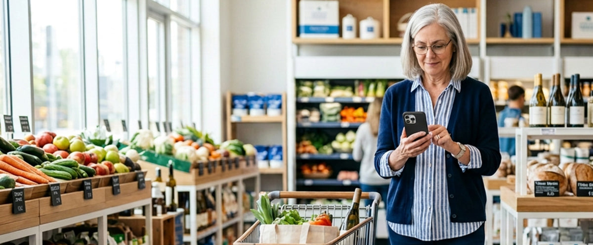 A woman with gray hair stands in a grocery store aisle, holding a smartphone and a shopping cart filled with fresh vegetables. Shelves with produce, wine, and bread are visible in the background.