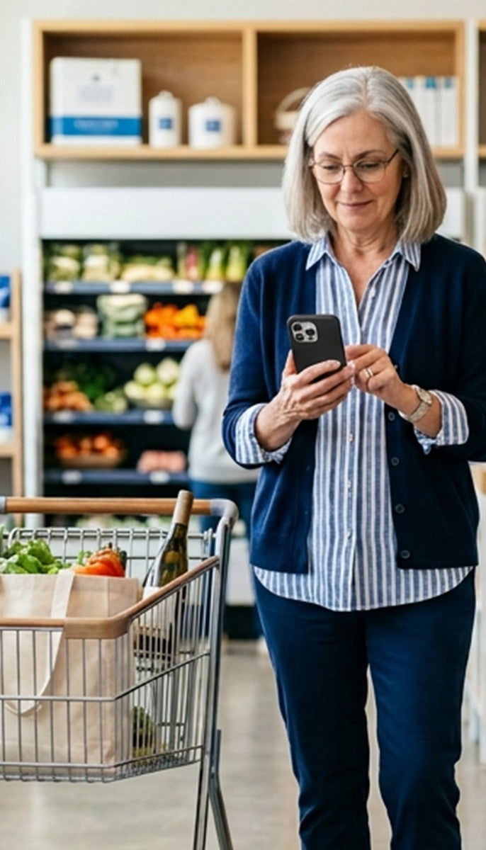 An older woman with gray hair and glasses stands in a grocery store aisle, looking at a smartphone. She is wearing a navy cardigan over a blue and white striped button-up shirt and dark pants.