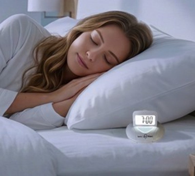 A woman sleeping peacefully in bed with white pillows and sheets, next to a digital alarm clock showing 7:00.