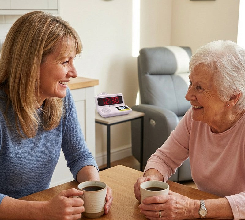 A woman in a blue sweater smiles at an elderly woman seated in a chair, both holding mugs at a wooden table. A white HomeAware II Main Unit sits on a side table in the background.