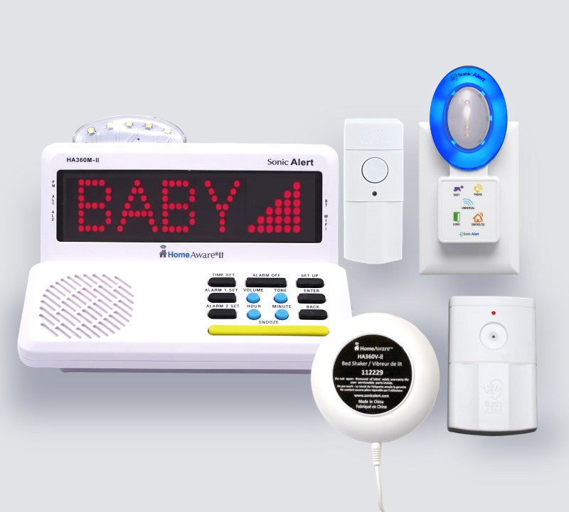 HomeAware II home alerting kit to be used for "listening" for a crying baby and being alerted through a flashing light, scrolling text, bed shaker, and high-decibel alarm. Includes a silent Blink doorbell and a portable alerting disc.